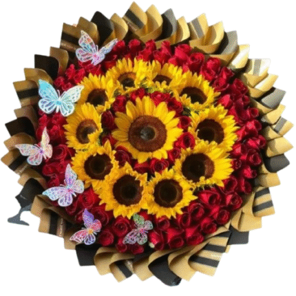 Girasoles y rosas rojas Maxi bouquet Sunset