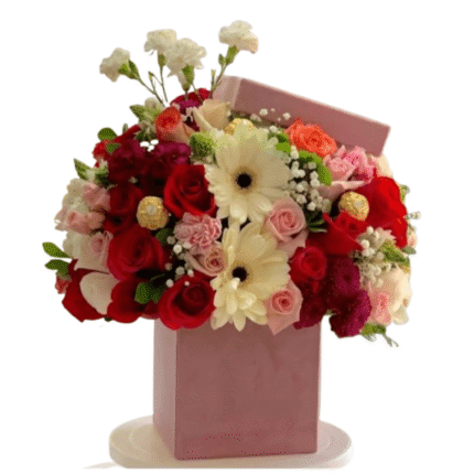 Rosas claveles y gerberas Caja Ideal