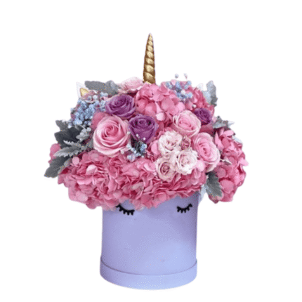 Hortensias y rosas rosadas Caja Pinkie