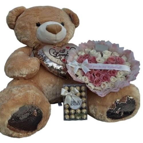 Oso Gigante con Corazón de Rosas y Chocolates
