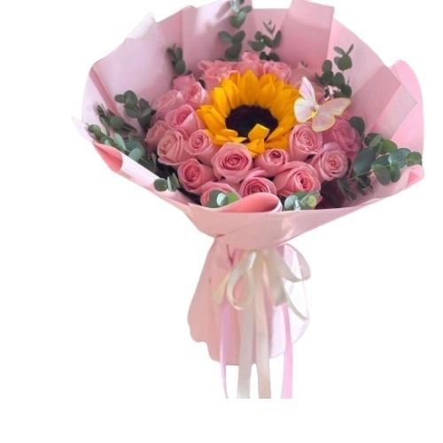 Ramo 24 Rosas Rosadas con Girasol