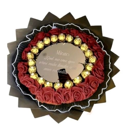 Ramo de rosas rojas con chocolates Ferrero y espejo con mensaje
