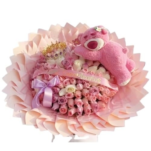 Bouquet de 100 Rosas Rosadas con Peluche y Corona