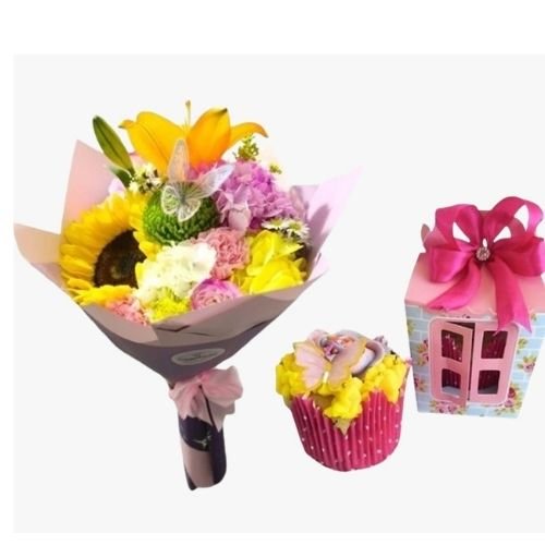 Bouquet Floral con Girasol, Cupcake y Caja Sorpresa