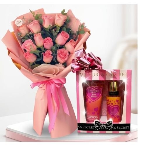 Ramo de Rosas Rosadas con Set Victoria’s Secret